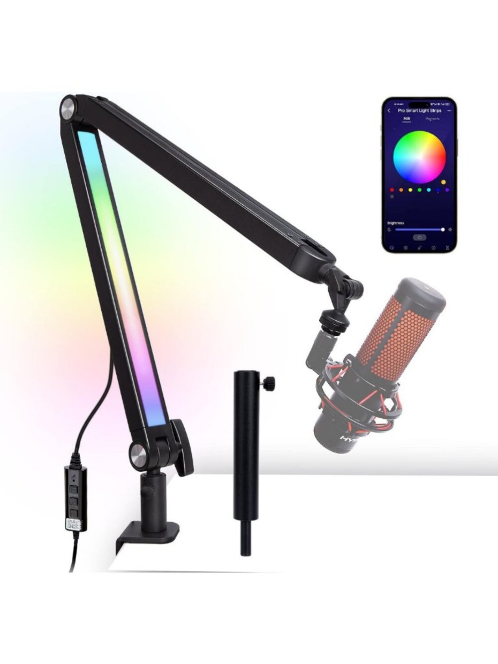Adjustable Mic Boom Arm with RGB Light - Desk Stand for Gaming & USB Microphones